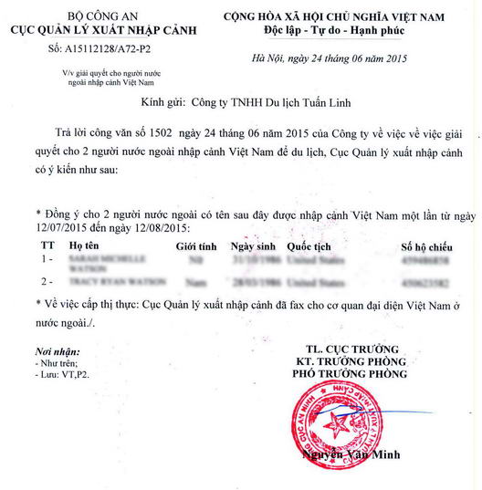 A visa approval letter to get visa at Vietnam Embassy/Consulate