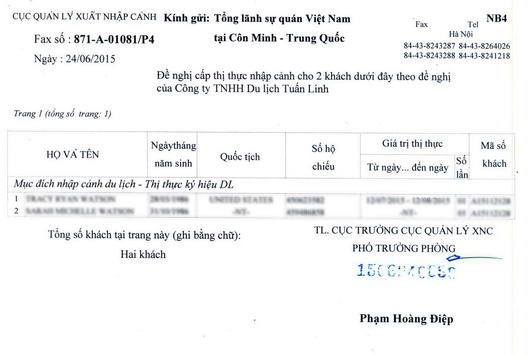 A fax from Vietnam Immigration Office to Vietnam Embassy/Consulate to confirm the Approval Letter