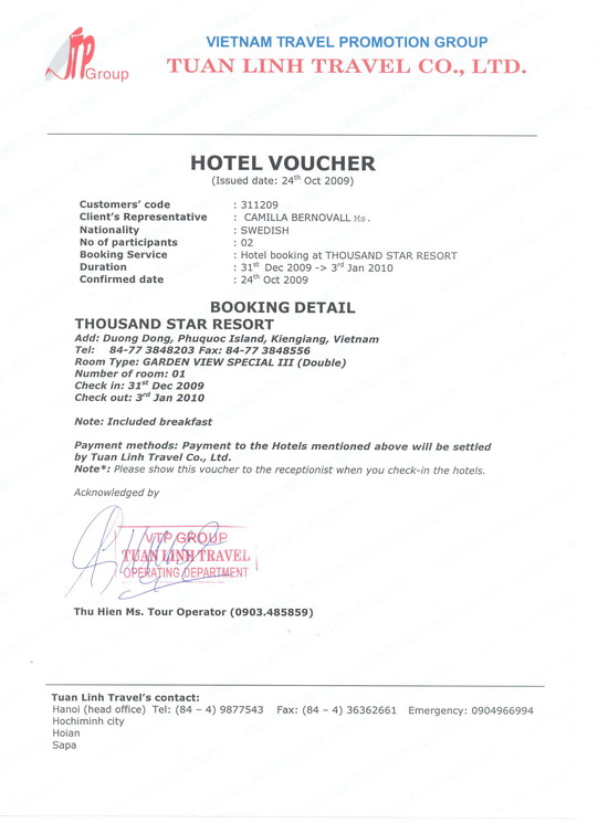 Sample of a hotel voucher, Tuan Linh Travel